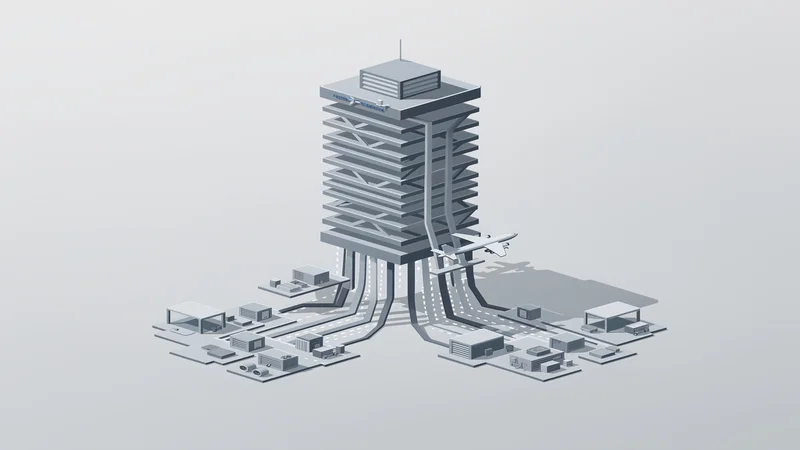 Isometric visualization of a single vertically integrated tower dominating a landscape of smaller dependent structures