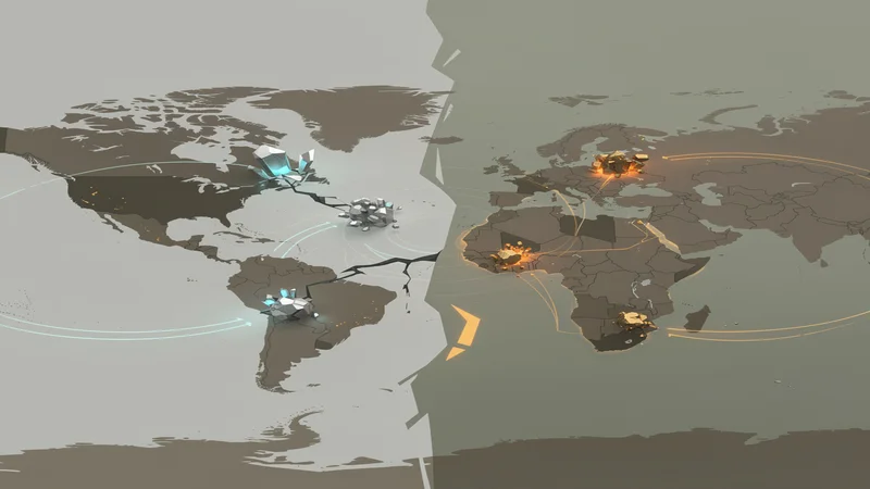 Geopolitical map showing severed trade routes for critical minerals between two competing blocs
