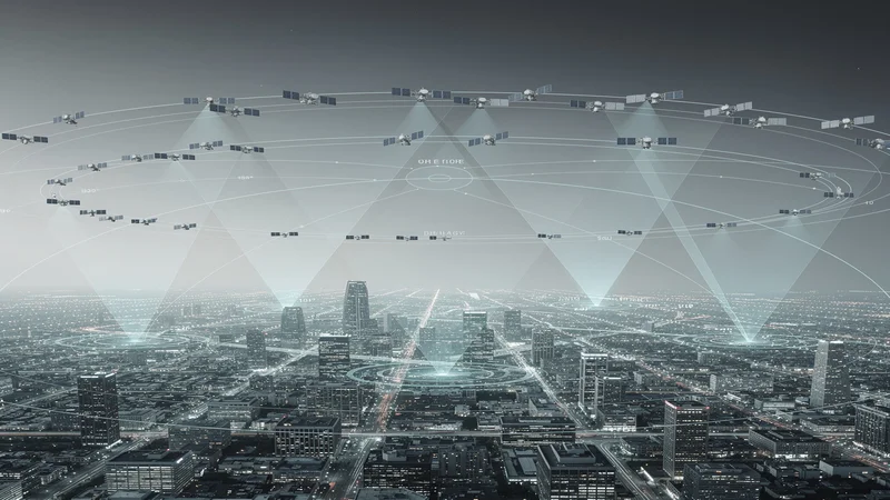 Dense satellite constellation grid reaching signal saturation over an urban landscape
