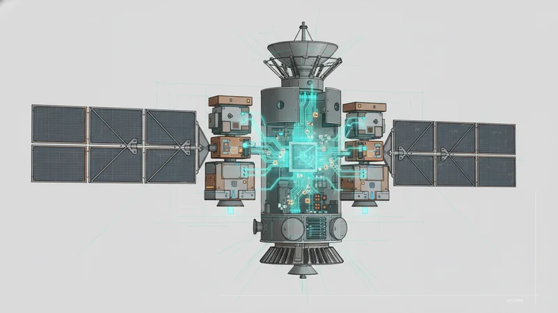 Satellite processing data onboard with visible circuit pathways