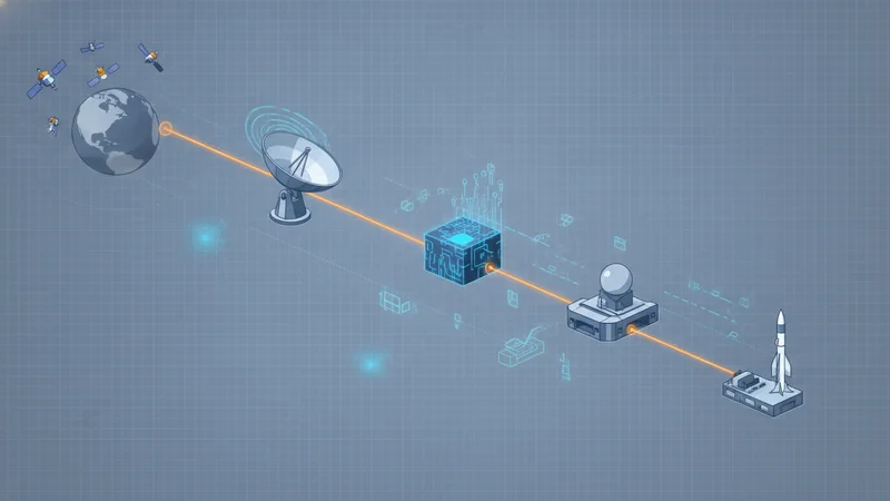 Abstract illustration of a satellite sensing-to-targeting chain shown as connected orbital and ground nodes