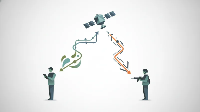 Abstract illustration of a commercial satellite passing imagery data down two diverging paths, one civilian and one military
