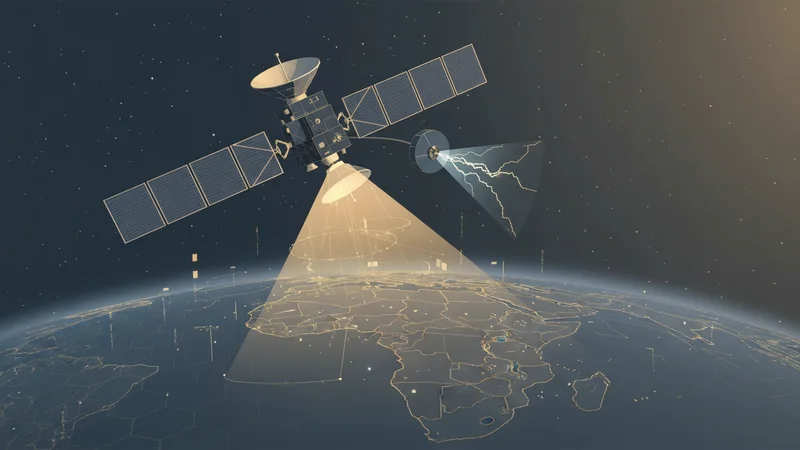 Geostationary weather satellite over Africa with sounding cone and lightning imager