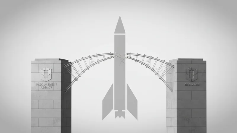 Two institutional pillars connected by a bridge with a launcher silhouette