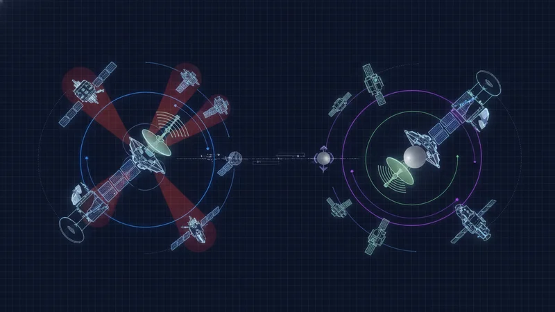 Two mirrored satellite rendezvous sequences, one a detection-and-interdiction chain and one an ambiguous adversary approach