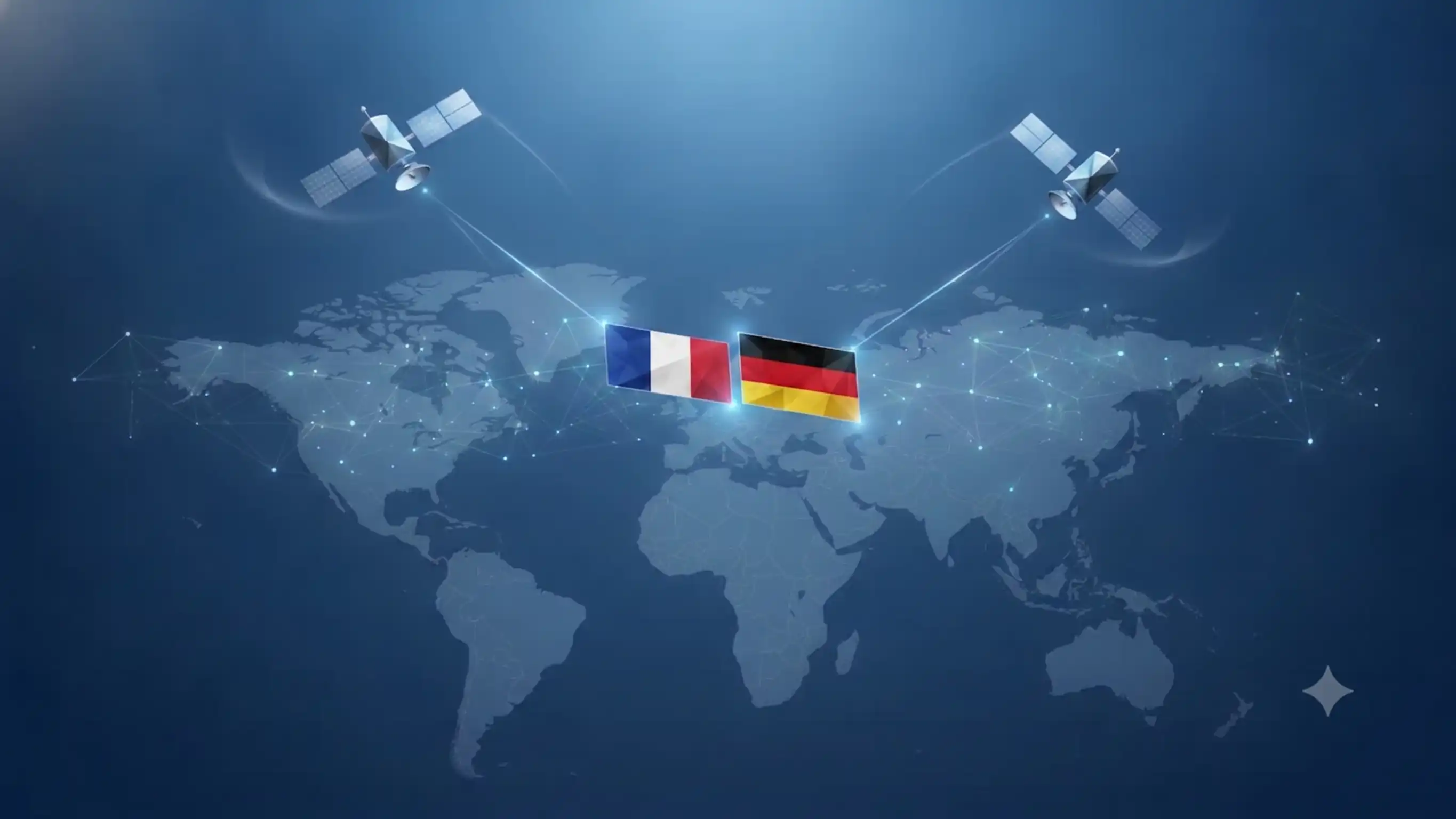 European national flags linked by a fragmented dotted network beneath orbiting satellites