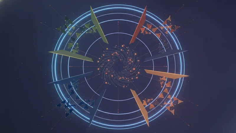 Two opposing satellite constellations in an orbital arena with converging pressure forces