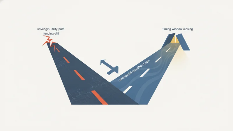 A strategic fork between a sovereign-utility path and a commercial-broadband path, with a funding cliff and a closing window
