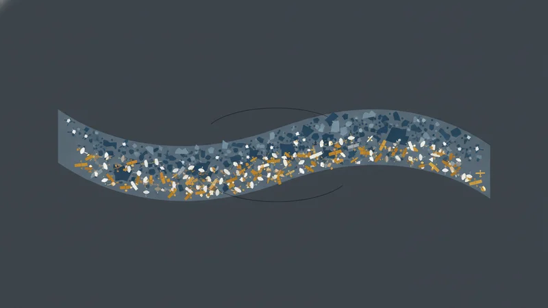 Two orbital shells, one dense with debris and one dense with active satellites, converging into a single congested band.