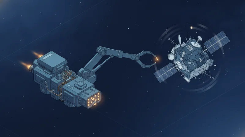 A robotic servicing spacecraft approaching a tumbling defunct satellite for capture.