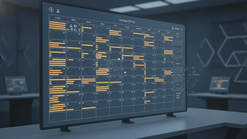 A satellite operator control room screen showing a dense calendar of collision-avoidance maneuvers.