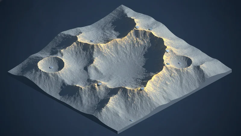 Isometric view of the lunar South Pole terrain with narrow illuminated ridgelines and shadow-filled basins highlighting scarce viable landing sites