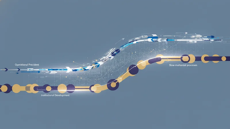 Abstract timeline visualization showing fast-moving mission tracks overtaking slower multilateral governance processes