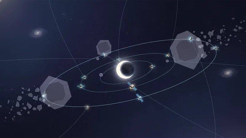 Abstract Moon orbit with sparse sensor coverage and blind spots representing the cislunar monitoring infrastructure gap