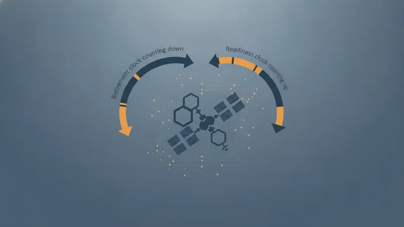Two opposing clock arcs over an orbital station silhouette, one counting down and one counting up.