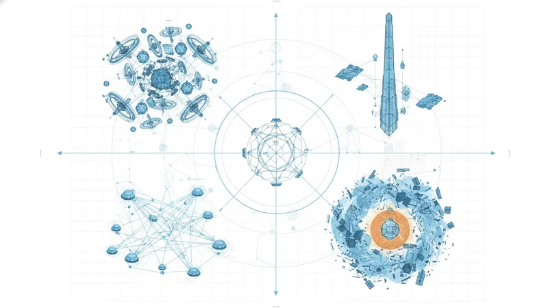 Four orbital futures arranged as quadrants around a central space station node.