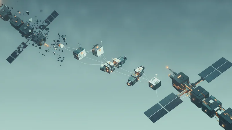 Fragile microgravity research racks suspended in transit between a fading platform and an emerging one.