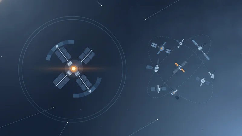 A single modular space station holds a continuous orbit while Western commercial stations cluster in uncertain formation.