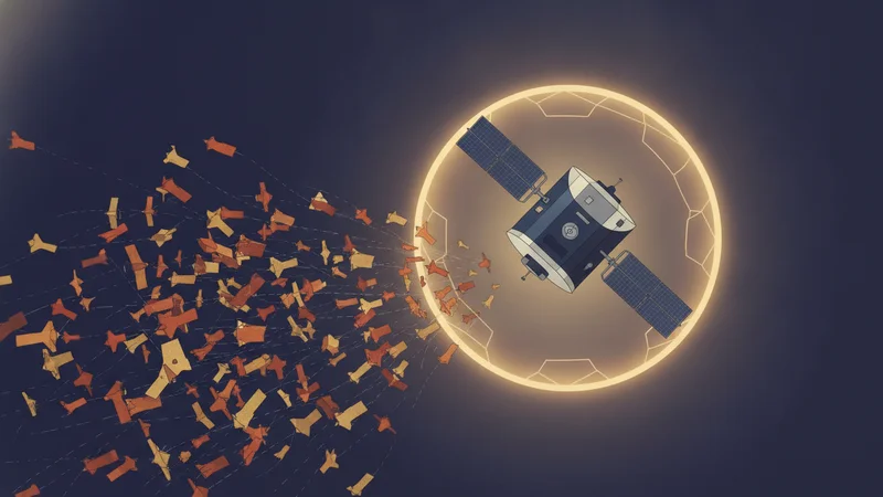 A single insured geostationary satellite beside a swarm of uninsured low-cost satellites