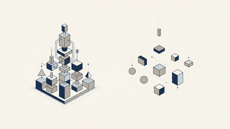 Connected geometric blocks representing vertical integration versus fragmented isolated modules