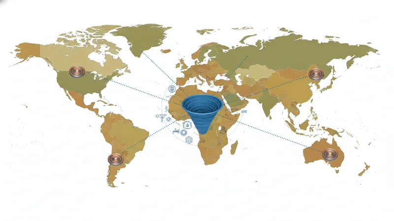 Sovereign launch pads across continents connected by dotted lines to a central cost gravity well