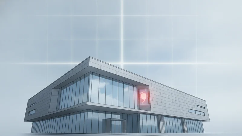UKSA/DSIT Swindon headquarters with a faint four-by-four analytical grid diffused in the background