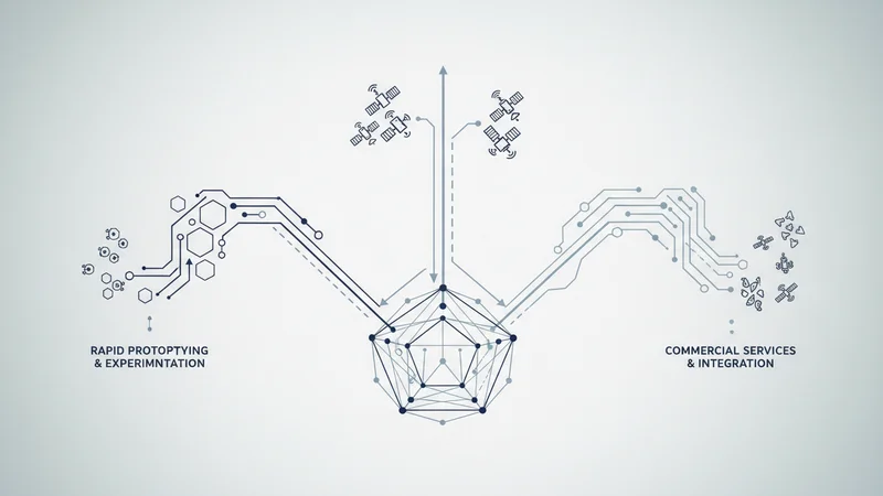 Three divergent acquisition pathways branching from a central pentagon toward satellite constellations