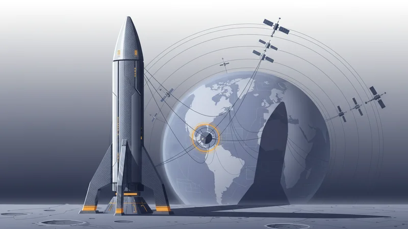 A corporate tower casting a long shadow over satellite constellation orbits around Earth